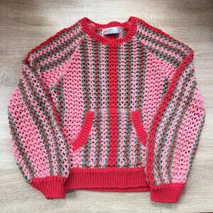 New Free People Dayton Pullover Striped Chunky Knit Sweater Red Pink FP Beach XS